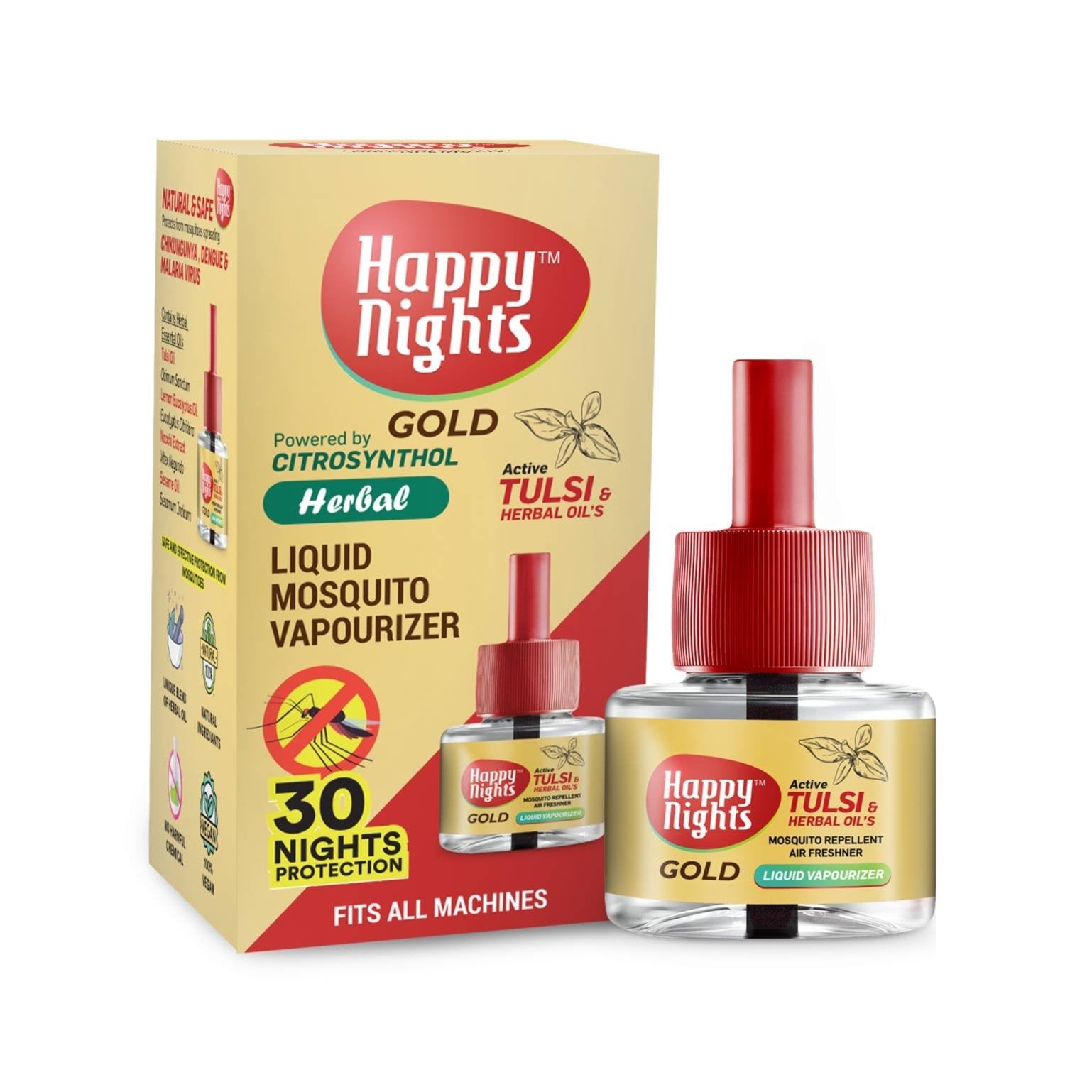 Happy Nights GOLD Tulsi and Herbal Oil Mosquito Liquid Repellent Refill (45ml)