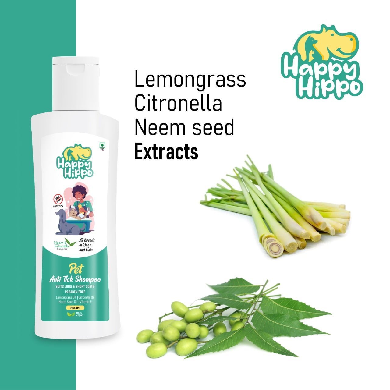 Happy Hippo Anti Tick Pet Shampoo & Conditioner Neem and Citronella - 200ml