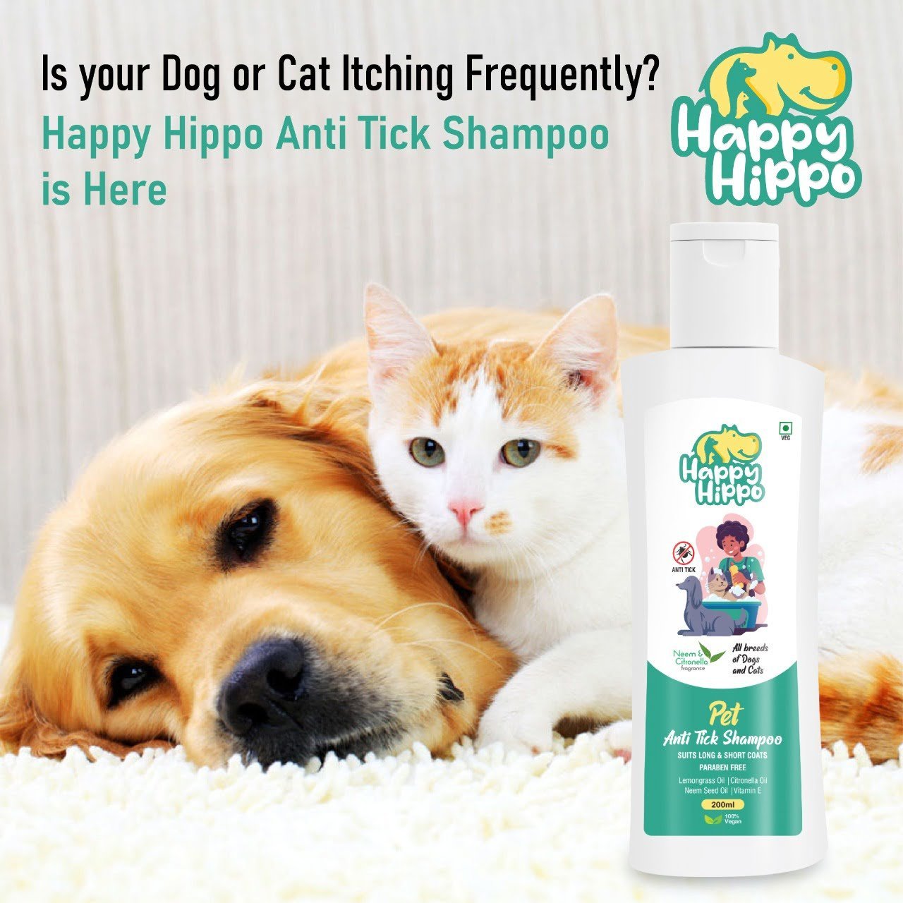 Happy Hippo Anti Tick Pet Shampoo & Conditioner Neem and Citronella - 200ml