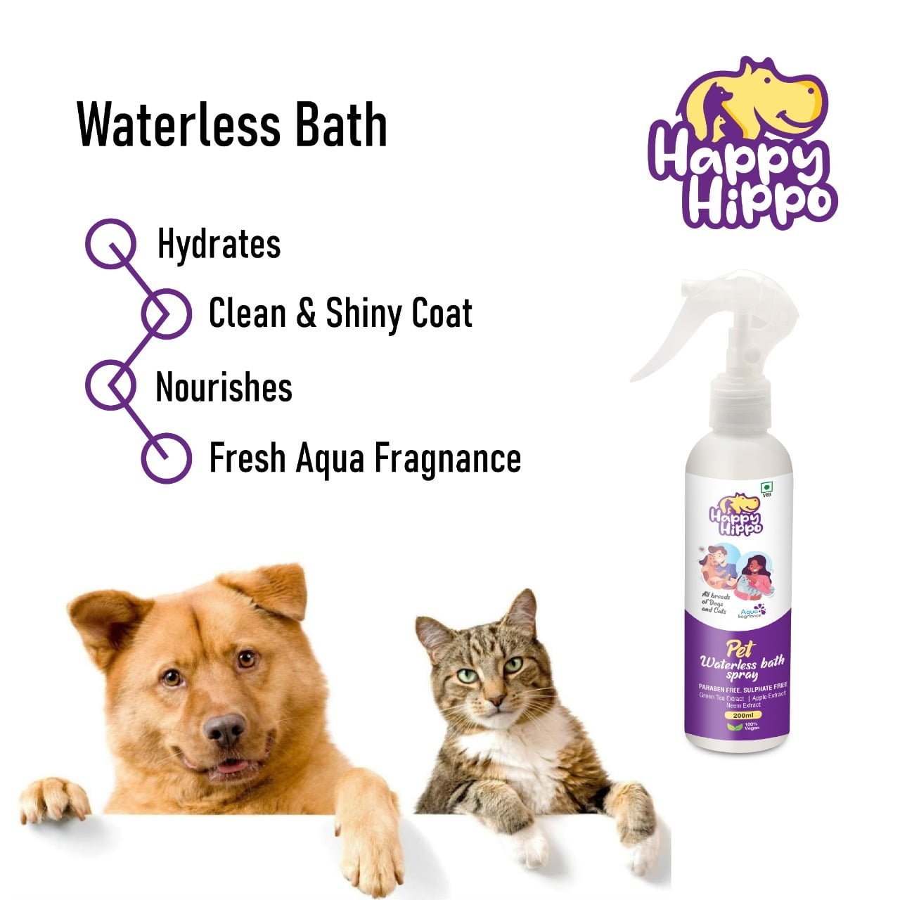 Happy Hippo Pet Waterless Bath Spray with Green Tea, Apple & Neem Extracts - 200ml