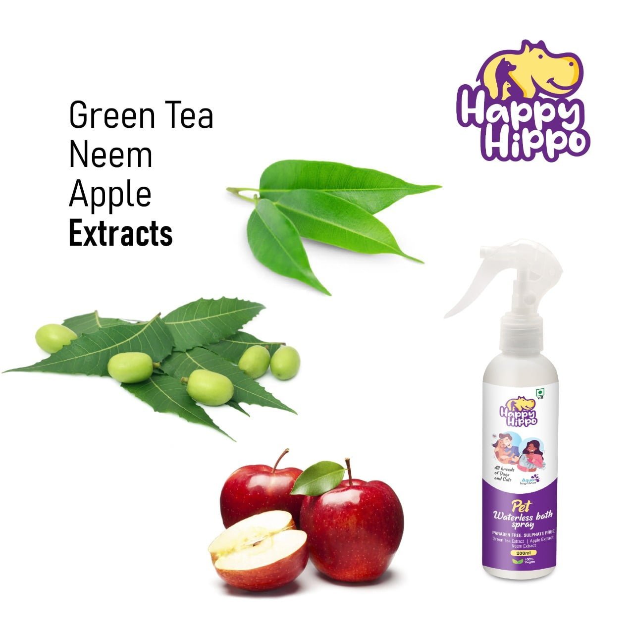 Happy Hippo Pet Waterless Bath Spray with Green Tea, Apple & Neem Extracts - 200ml