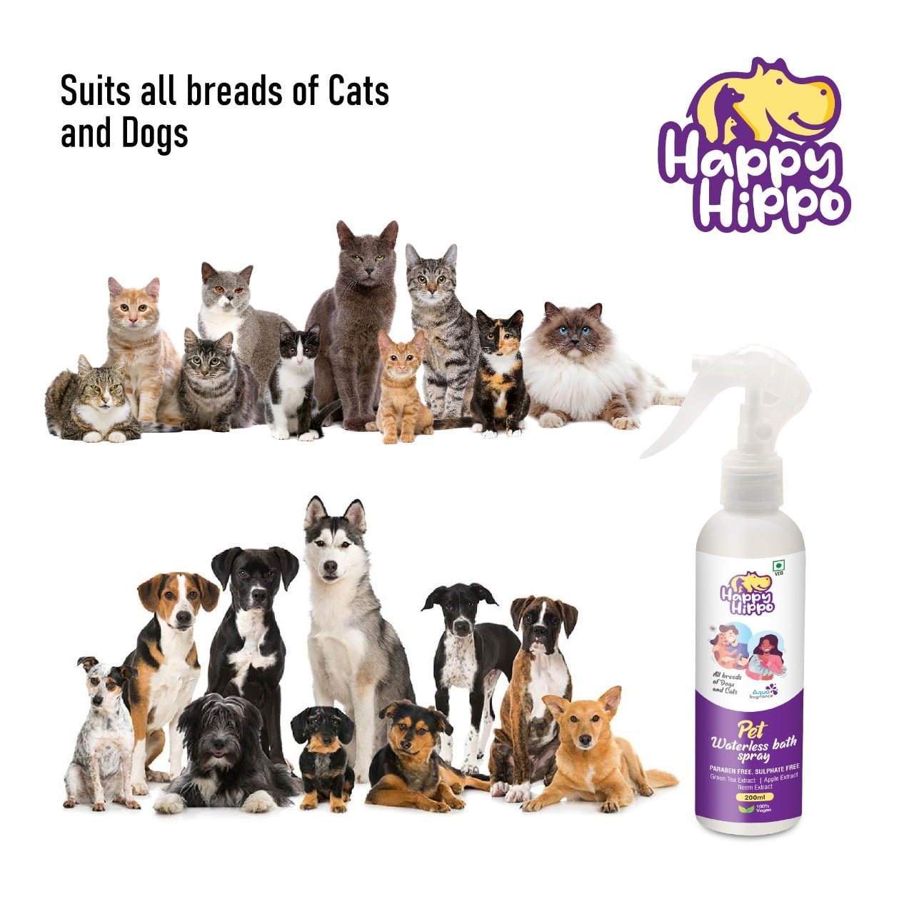 Happy Hippo Pet Waterless Bath Spray with Green Tea, Apple & Neem Extracts - 200ml