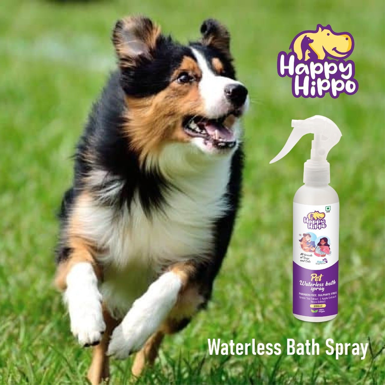 Happy Hippo Pet Waterless Bath Spray with Green Tea, Apple & Neem Extracts - 200ml