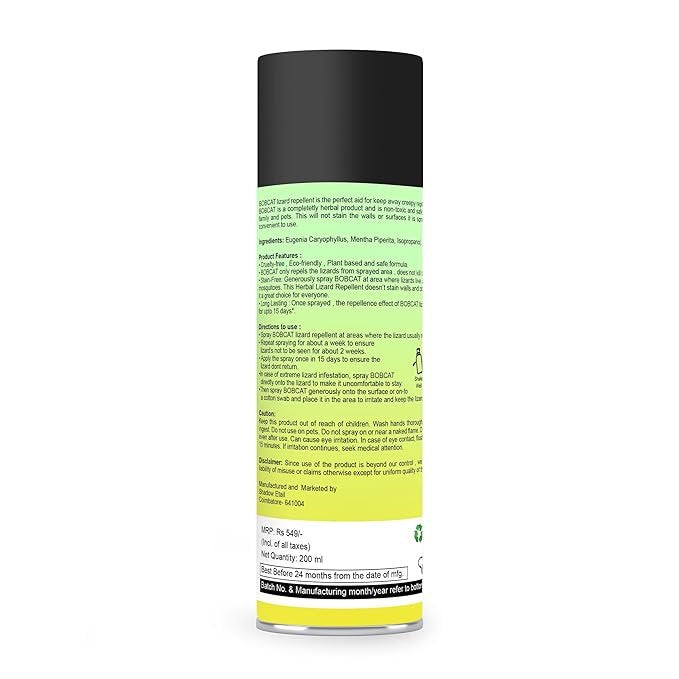 BOB CAT Herbal Lizard Repellent 2X Advance Formula India's First Aerosol Based Lizard Spray-200 ML