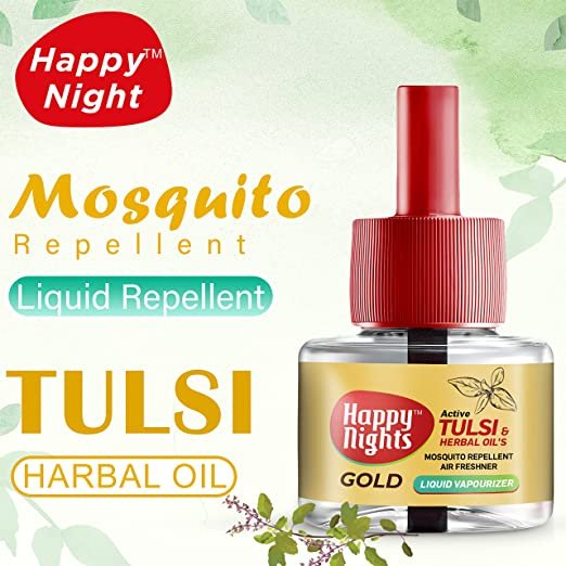 Happy Nights GOLD Tulsi and Herbal Oil Mosquito Liquid Repellent Refill (45ml)