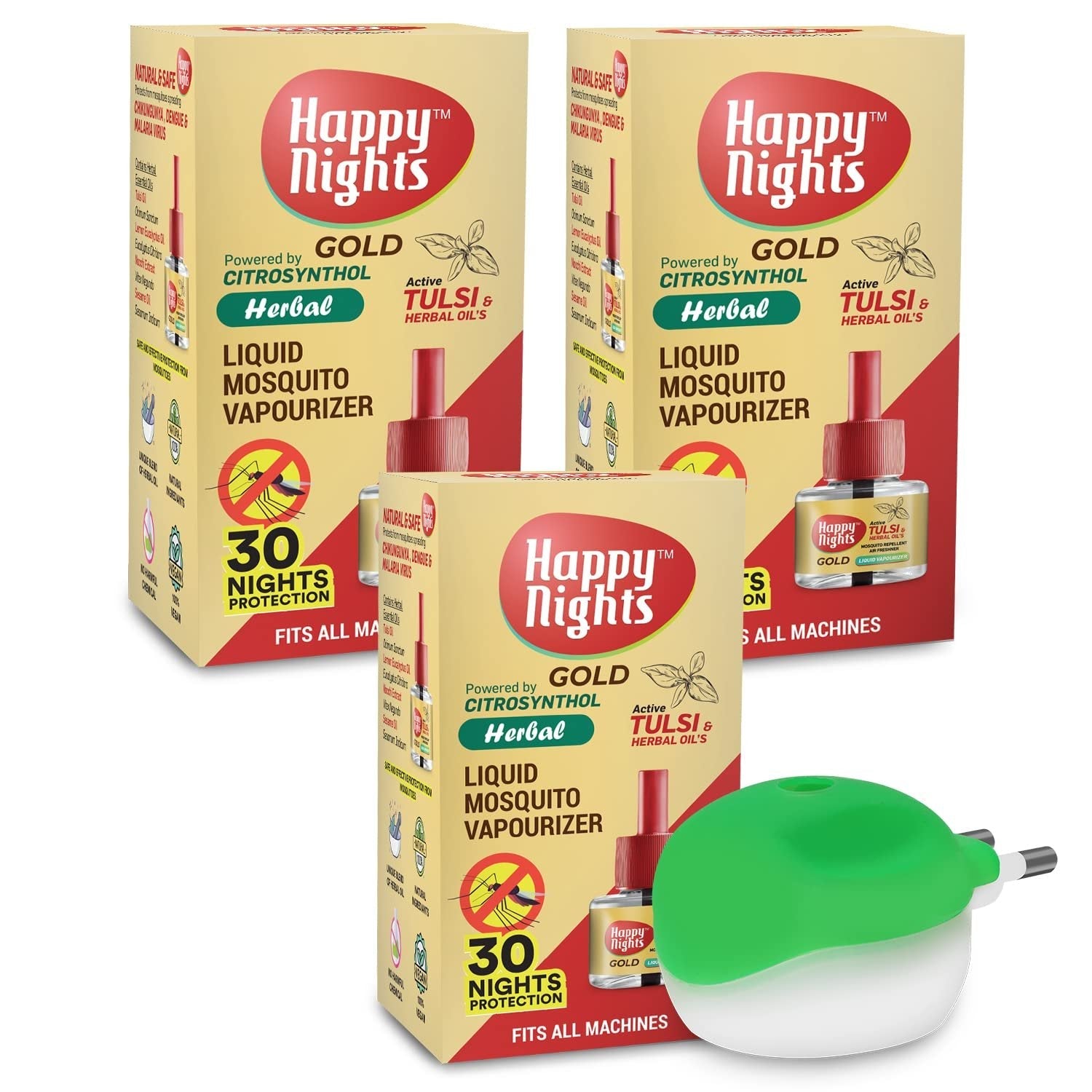 Happy Nights GOLD Tulsi and Herbal Oil Mosquito Liquid Repellent Refill (45ml)