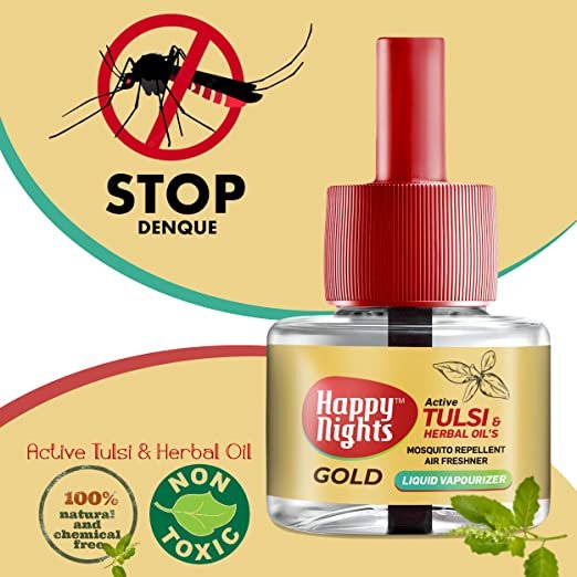 Happy Nights GOLD Tulsi and Herbal Oil Mosquito Liquid Repellent Refill (45ml)